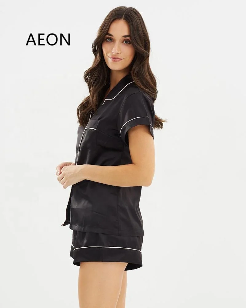 Luxury Blank Silky Satin Short Pyjamas Set For Women 2pcs Top and Shorts Pajama Set With Contrast Piping