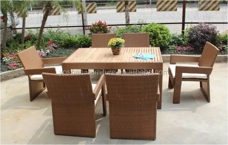 7 pcs outdoor patio garden teak wooden dinning set rattan dining chairs