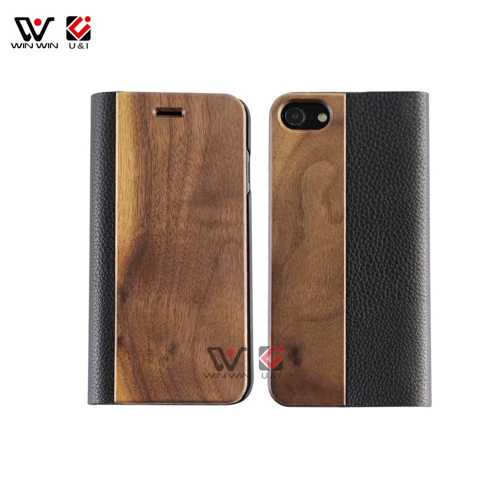 Hot Sale Natural Wood Genuine Leather Flip Mobile Phone Case For iPhone 6 7 8