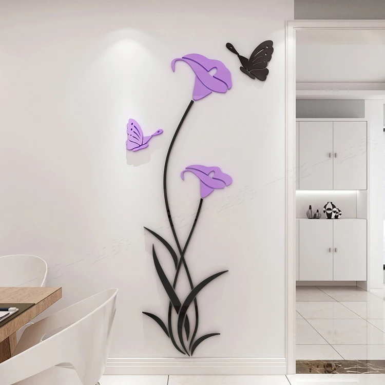 Beautiful  colorful lily flower butterfly vinyl  wall stickers for living room decor