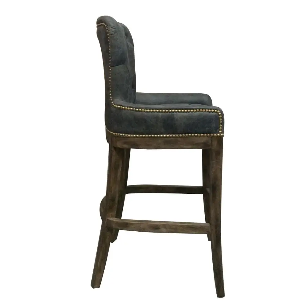 Antique Wood Chesterfield grey leather bar stools with back  Vintage Chair