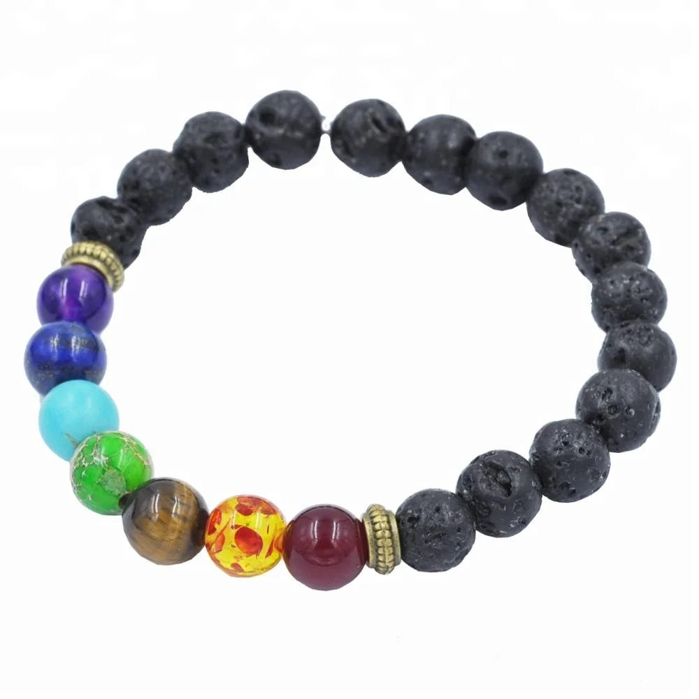 Wholesale Antique Natural Lava Rock Yoga Diffuser  7 Chakra 8mm Bead Bracelet Unisex