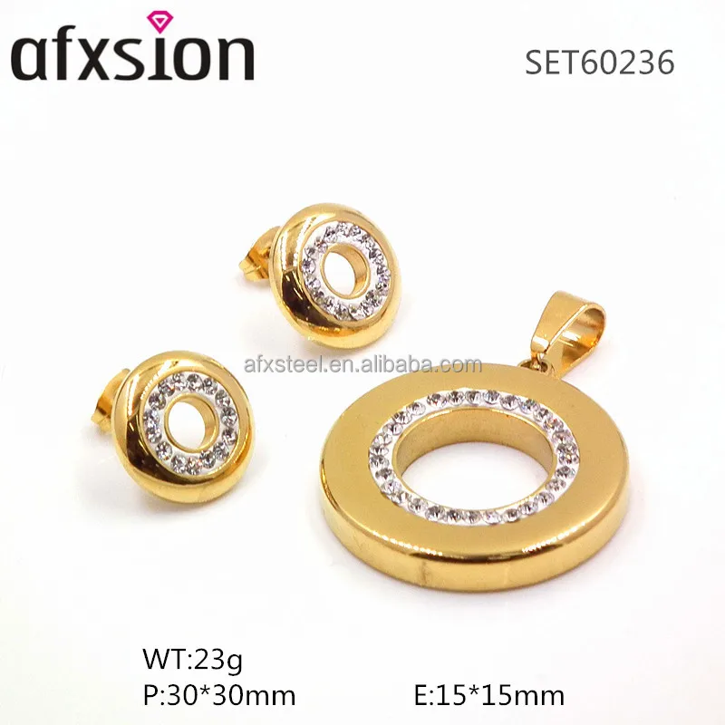 Dubai gold fashion jewelry sets 18K gold plated diamond circular stainless steel jewelry sets for female