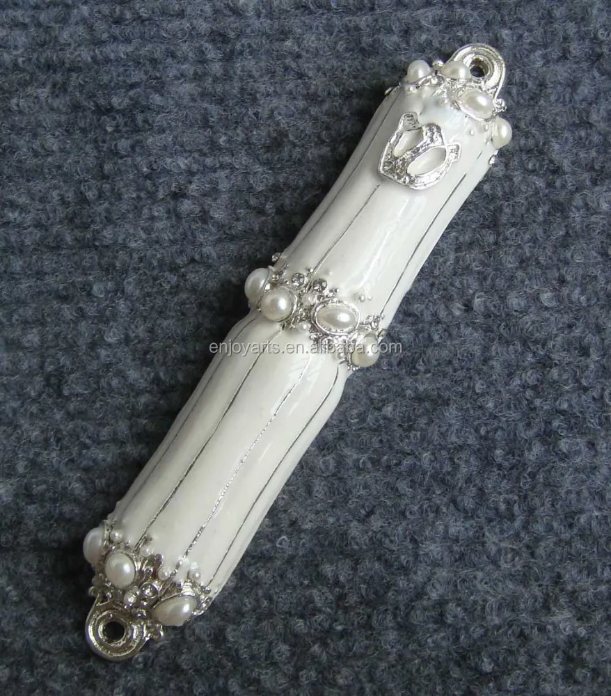 Shiny Silver White Hand Enameled And Pearls Jeweled Metal Zinc Alloy Jewish Scroll Mezuzah Case(P32016c)