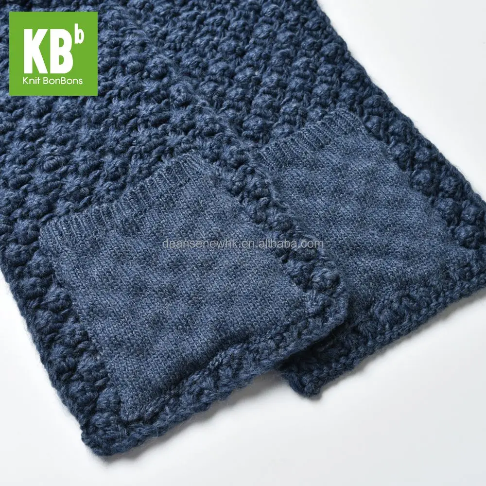 New Fashion Custom Made 100% Acrylic Thick Winter Unisex Adult Men Women Teen Knitted Blue Scarf With Pocket Muffler