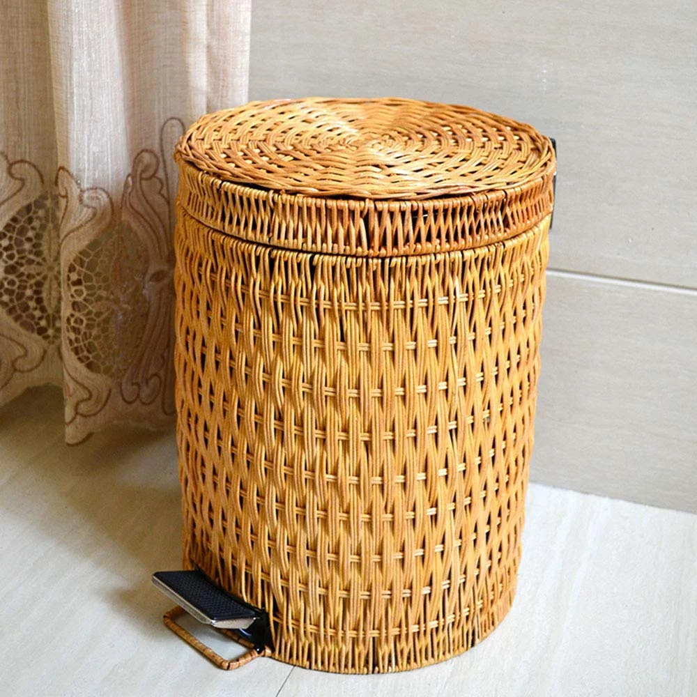 Bamboo Pedal Trash can,Round Simple Easy to Clean Garbage Can with Lid Home Living Room Bedroom Kitchen Bathroom Natural Paper B