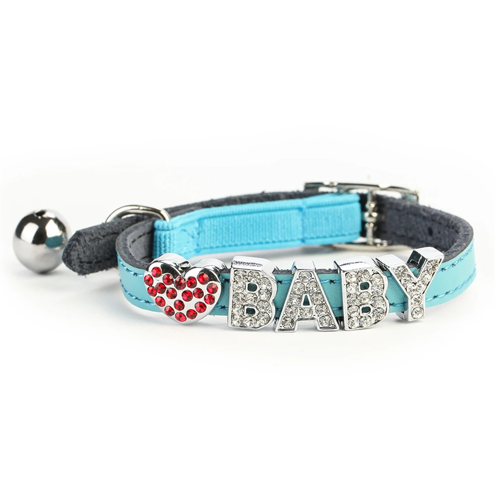 
10MM Bling Personalized Genuine Leather With Rhinestone Crystal Letter Charms DIY Bell Cat Collar 