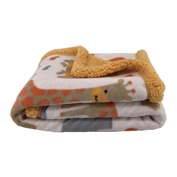 New fashion design printed coral fleece with solid sherpa fleece reversible blanket throw