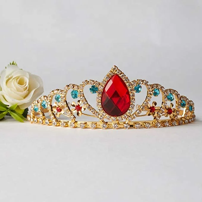 Gold Tiara Red Teardrop and Blue Crystal Decor Headband Rhinestone Crown Use for Princess Costume Girls Birthday Gift