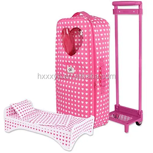 18 inch Doll bed Travel Carrier Trolley with Foldable Bed and Accessories Fits American Girl Doll