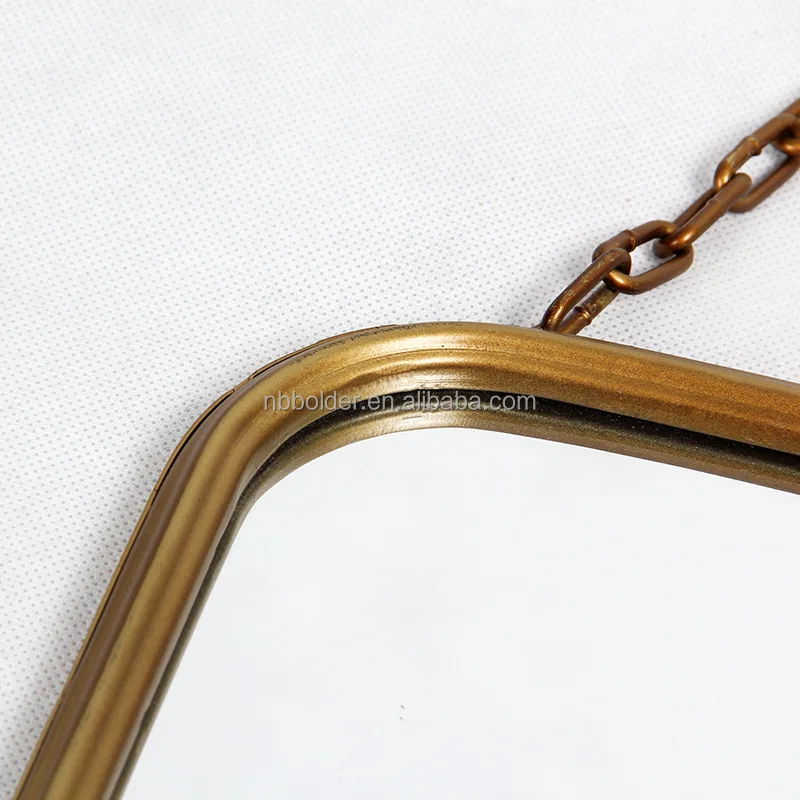 Wholesale bathroom living room wall hanging decorative rectangular gold metal frame dressing mirror with chain