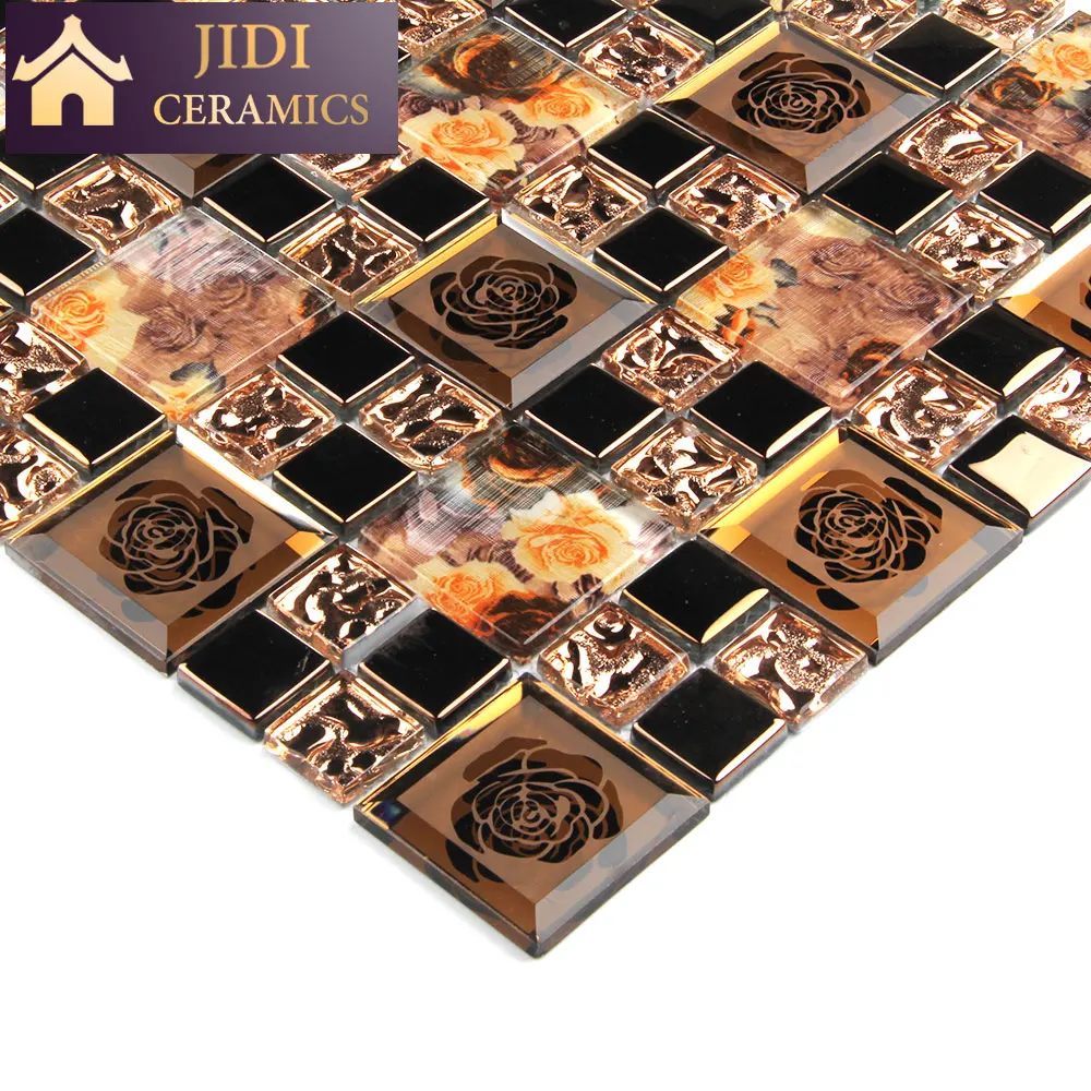 Flower Pattern Metal Mixed Glass Bathroom Mosaic Tile 3D Mirror Wall Tiles