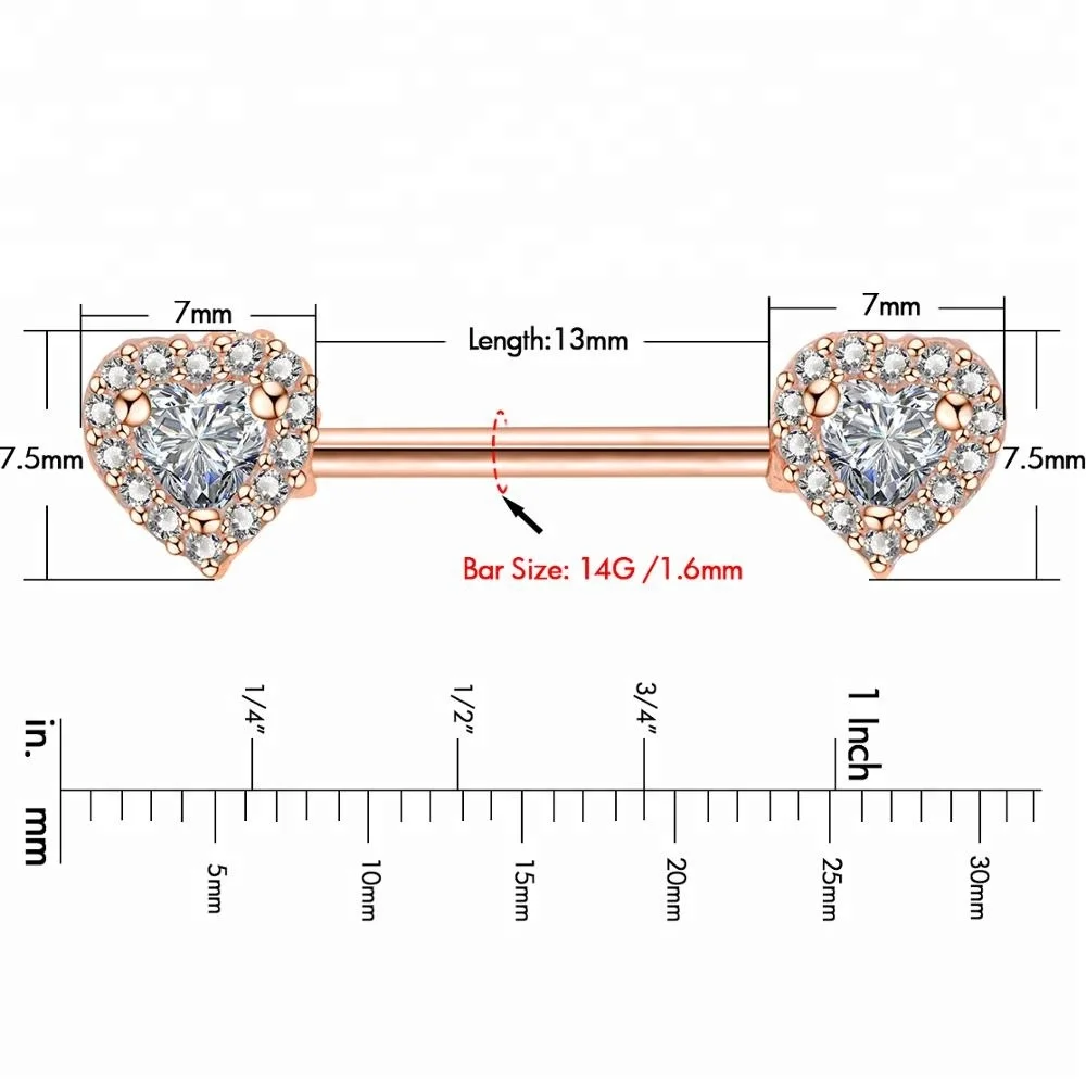 
14G Surgical Steel Nipple Barbell Rings with Clear Heart CZ Nipple Piercing Jewelry 