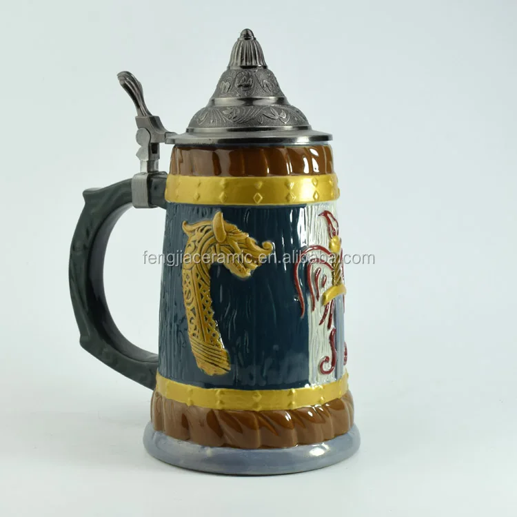 Beer Stein German Beer Stein Ceramic Beer Mug Handmade Cup Tankard Petwer Lid