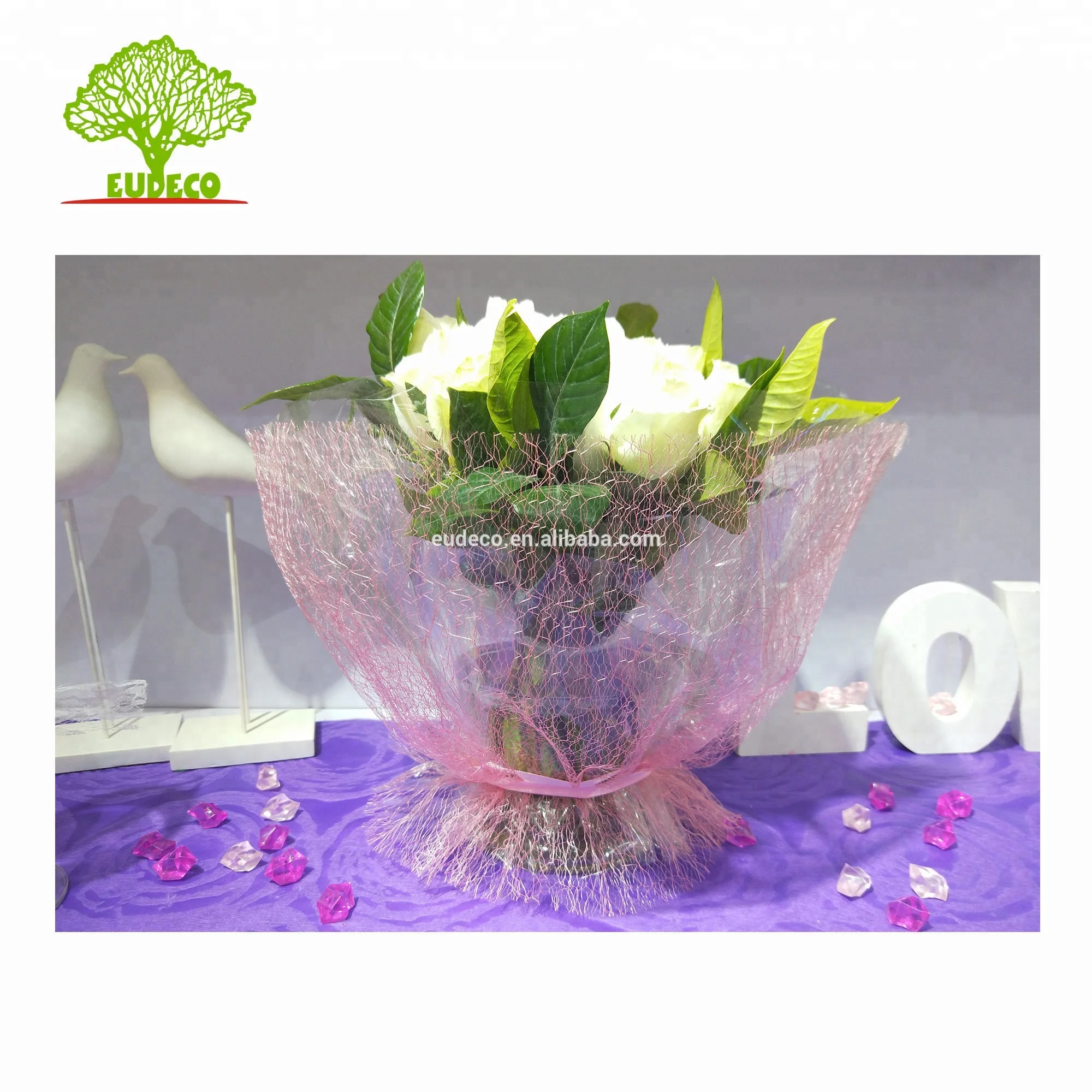 Table Decoration Linen Fabric Flower Printed Organza Fabric Wrap Flower Bouquet Mesh