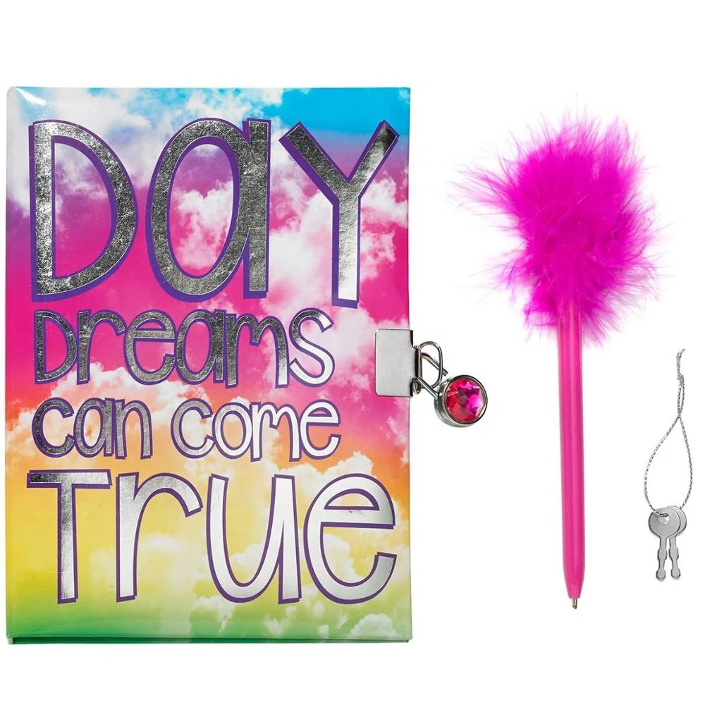 Gem Decoration Feather Children Printed School Diary Spiral Hardcover Notebook With Lock