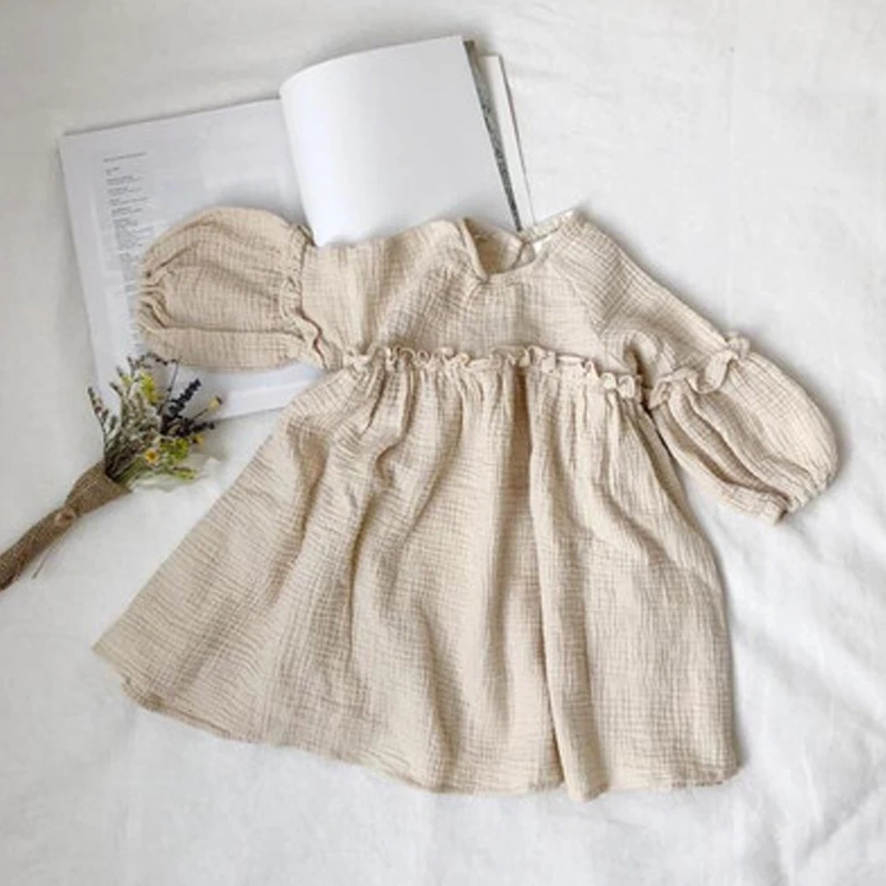 2018 fashion wholesale boutique kids clothes long sleeve soft linen cotton girls dress