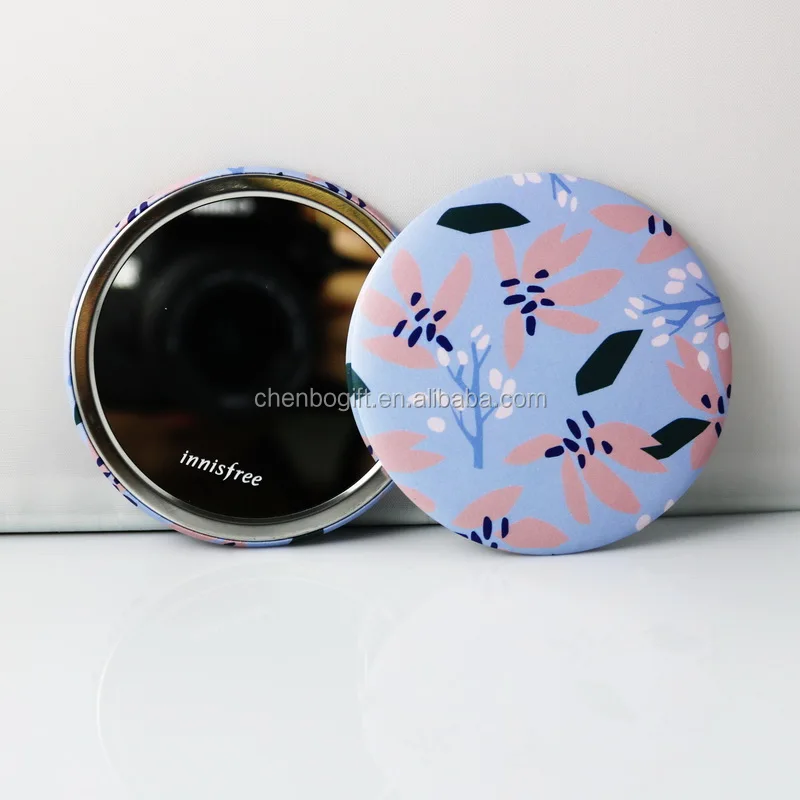 personalized beautiful print tinplate round pocket mirror , printed 1 color logo girl makeup mirror
