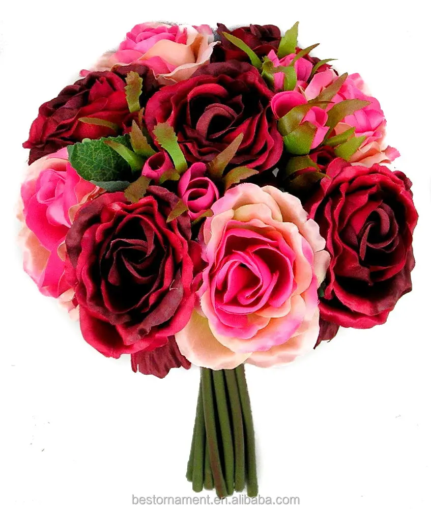 Свадебный букет из бордовых роз и шелковых цветов