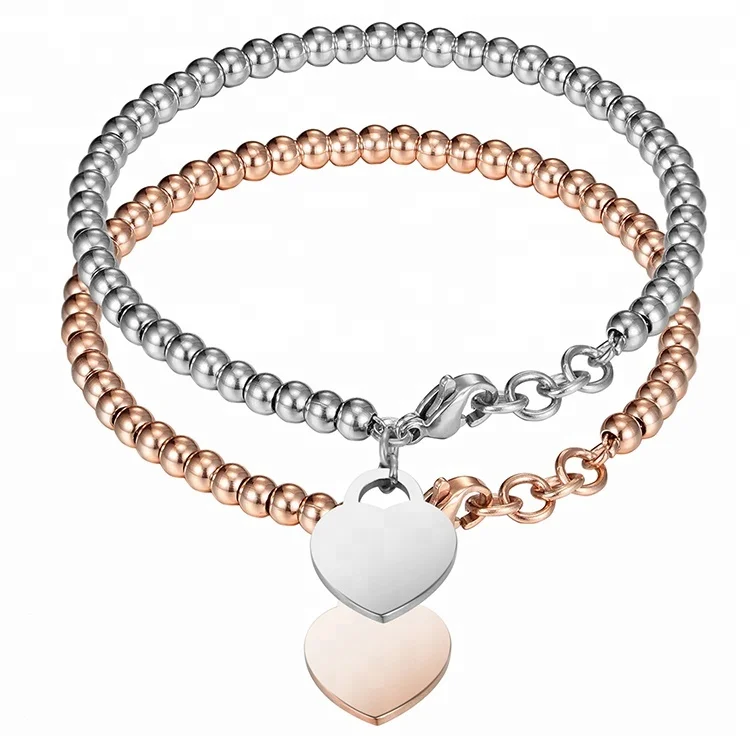 Wholesale High Quality Stainless Steel Cheap Beaded Bracelet for Women Unisex Jewelry Heart Charm Pendant Bracelet