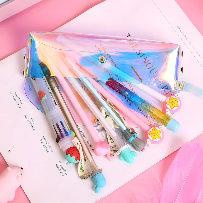 School & office uses plastic zipper pouch custom / wholesales hologram pvc bag with snap button waterproof children pencil bag