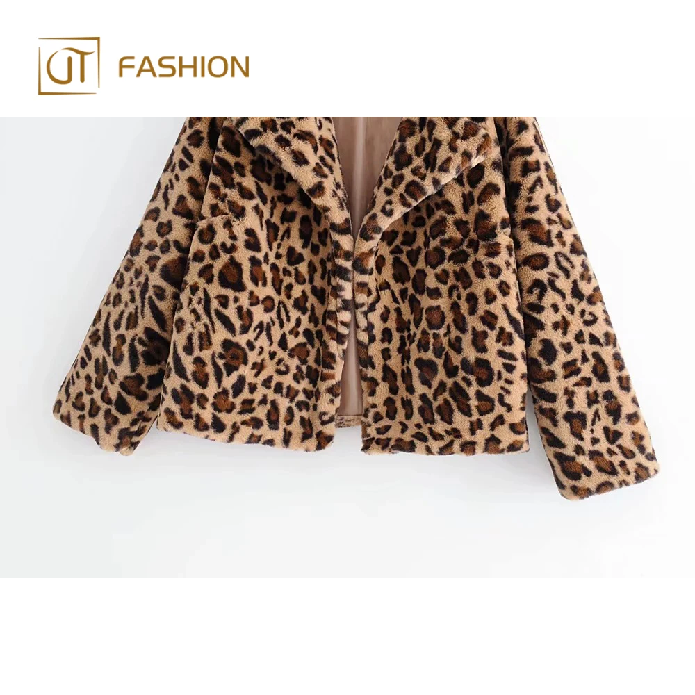 New arrival jtfur leopard ladies warm short lapel fake fur jacket