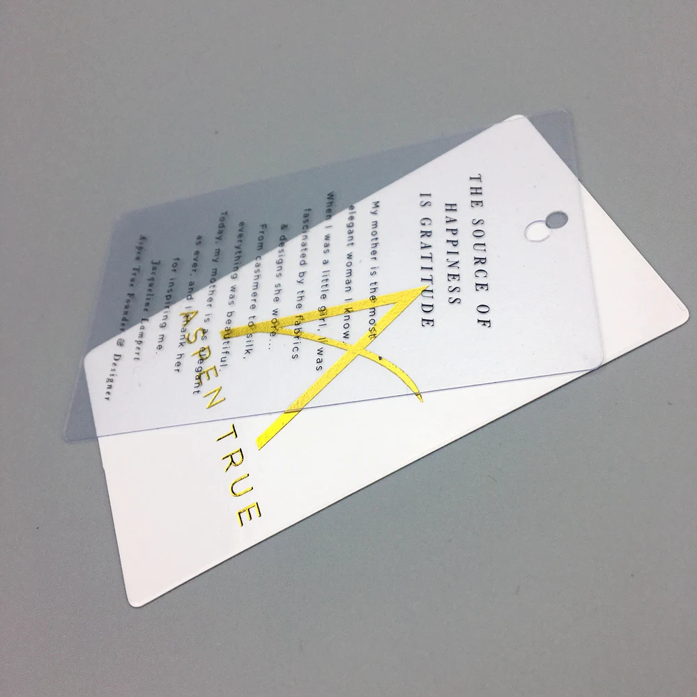 Custom transparent hanging clear PVC garments price string plastic clothing hang tag