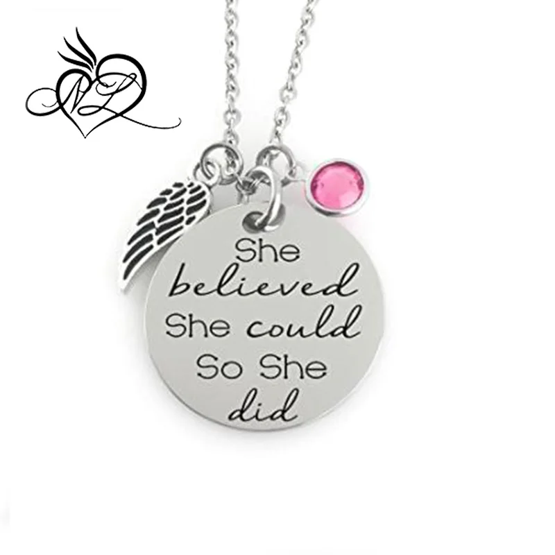 Necklace - She believed She could So She did- Feather Wing and Birthstone