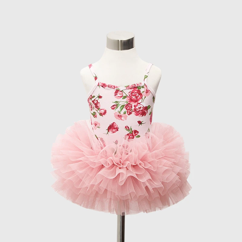 Wholesale Baby Girl Floral Printed Sleeveless Dresses Layers Tutu Lace Dress Tulle Flower Girl Dress