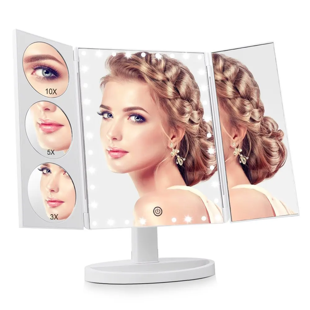 Brand Beauty Tri-fold LED Lighted Mirror with 10X/5X/3X/1X Magnifying Plastic Table Mirror