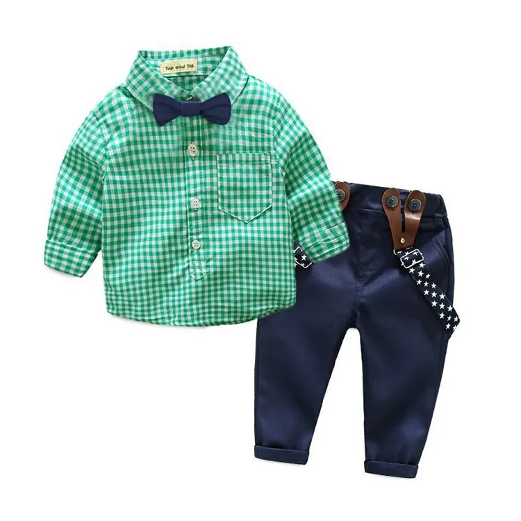 
hot sell fall boy fashion suit long sleeve grid shirt + overalls 2pcs baby boys clothing set 