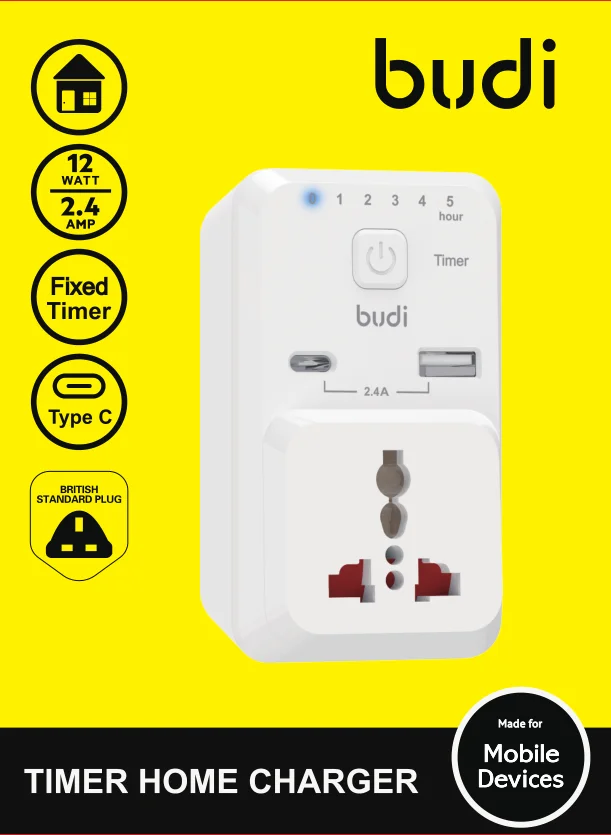 budi timer UK Plug 5v2.4a12w 1 Port USB Power Adapter Wall Home Travel Charger for mobile phones from budi have stock oem odm