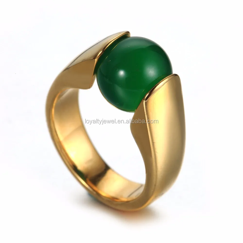 New Arrival stainless steel gold plated interchangable ball shape green and black stone rings