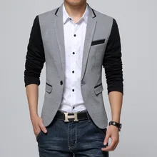 New Slim Fit Casual jacket Cotton Men Blazer Jacket Single Button Gray Mens Suit Jacket 2014 Autumn Patchwork Coat Male Suite