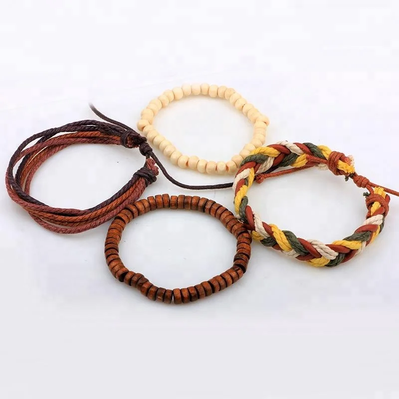 Wooden Beads Hemp Rope Leather Mixed Multilayer Bracelets Bangles,Adjustable Stretchable Leather Braid Bracelets