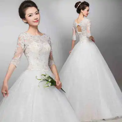 ZH0199X Hot Selling Medium Long Sleeves Round Collar Wedding Dresses Lacebandage Skirt Bridal Gown Plus Size