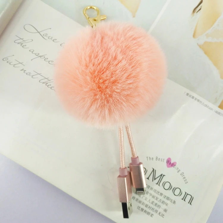 Yonze usb fluffy puff ball bag charm fur pom-poms fashion fake fur handbag usb cable charger plush keychain