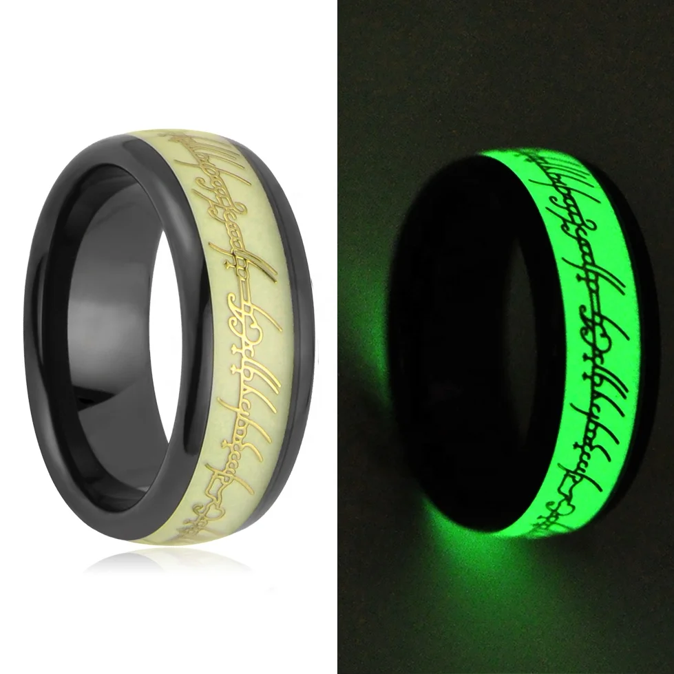 Green Fluorescent  Luminous Black Tungsten Wedding Ring Glow In the Dark