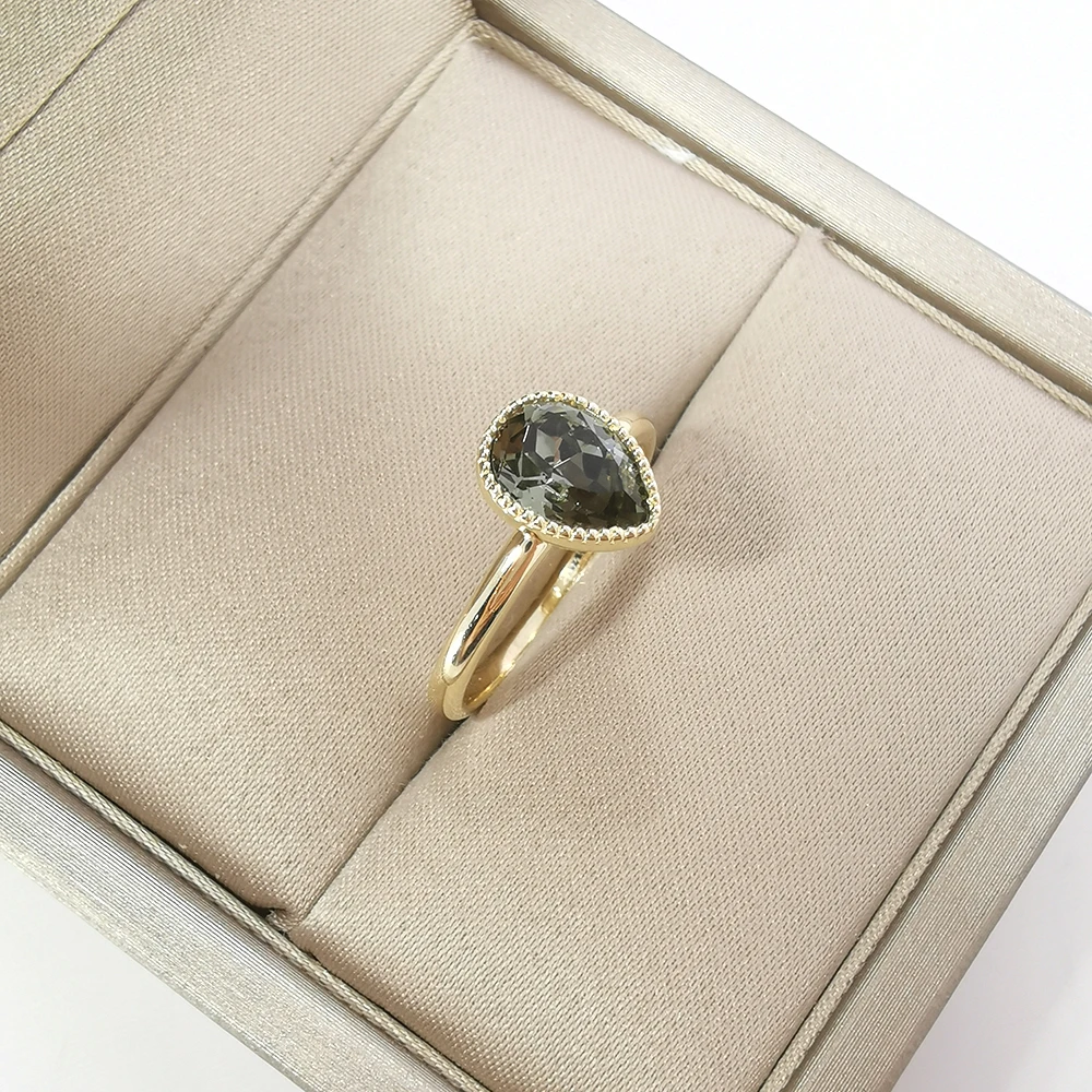 Solid 9k Rose Gold Natural Diamonds Engagement Wedding Ring Pear Crystal Ring Fine Jewelry Women