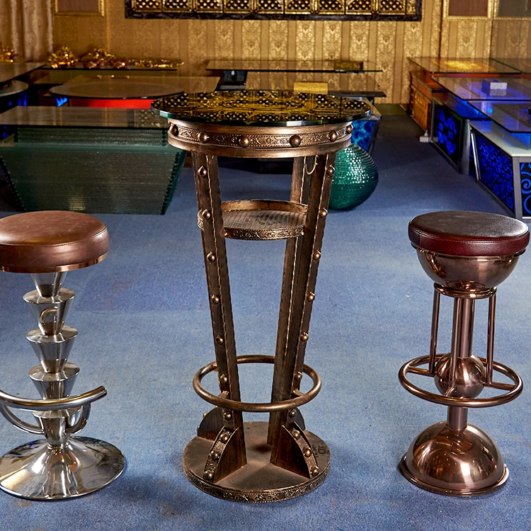 
antique brass Custom pattern table top metal bar table legs night club KTV bar cocktail tablePub Vintage Golden Metal Round Bar 