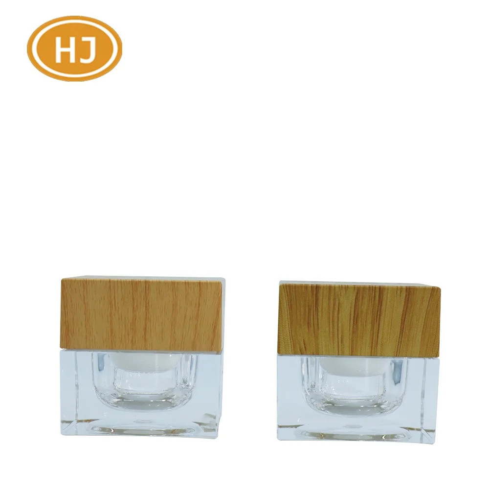 
15g Square Acrylic Cream Jar for Skin Care with Double Wall and Wood/Bamboo Pattern Lid 