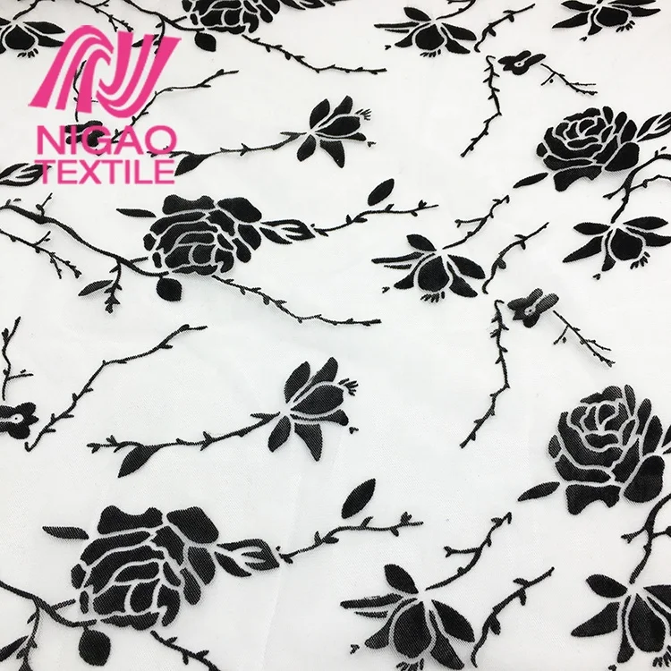 luxury beautiful black rose floral print mesh fishing net flock fabric for low price
