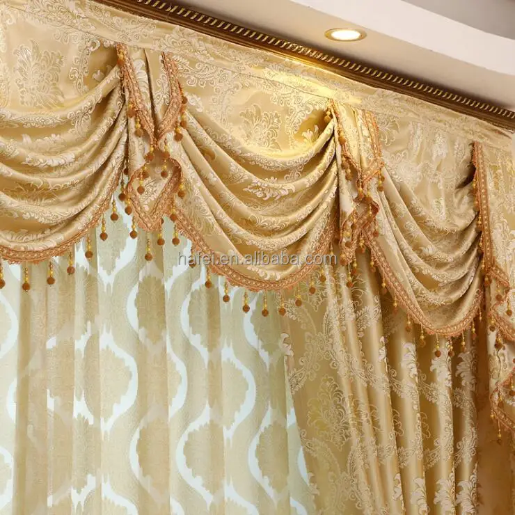 luxurious gold jacquard linen curtains with valance from china