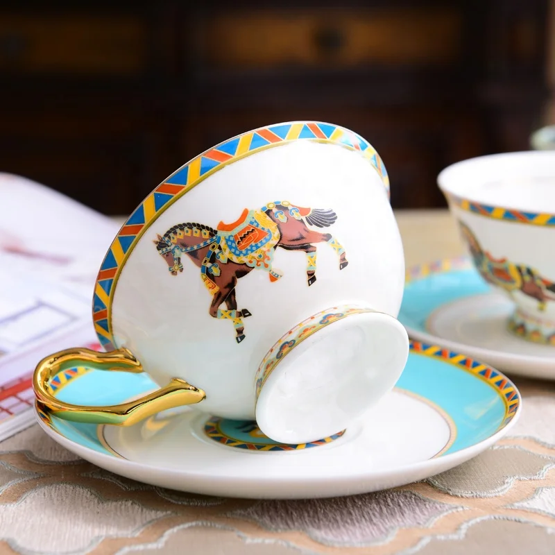 Royal ceramic horse tea cup with dish blue fine bone china coffee and saucer set with your logo
