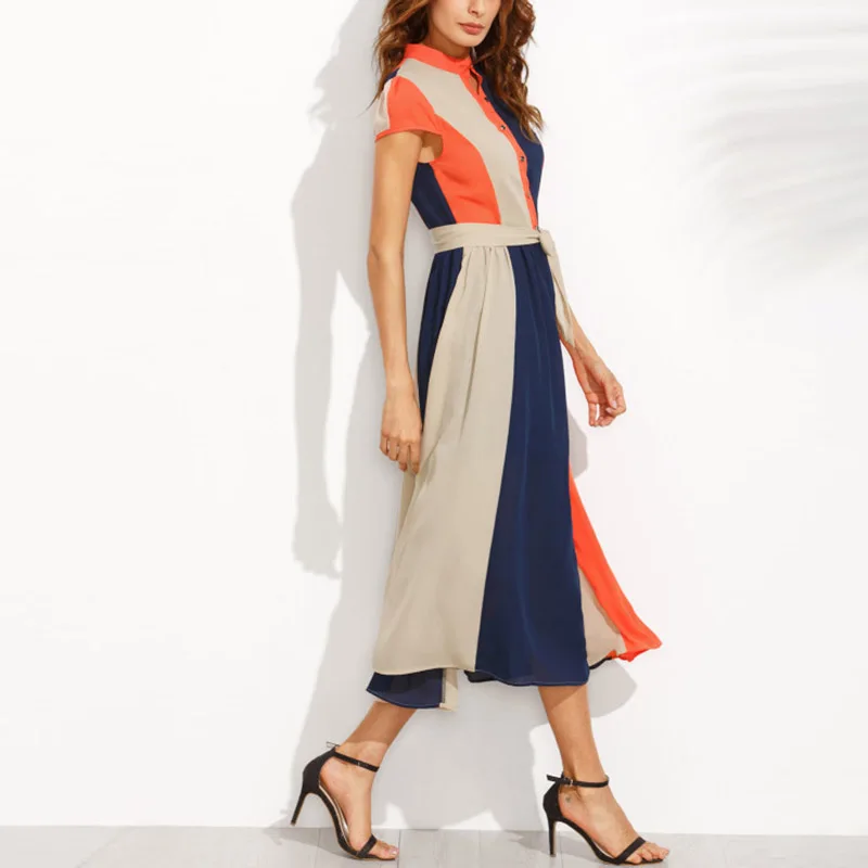 Wholesale Ladies Summer Long Dress Casual Front Buttons Tie Waist Contrast Shirt Dress French Elegant Midi Dresses For Women
