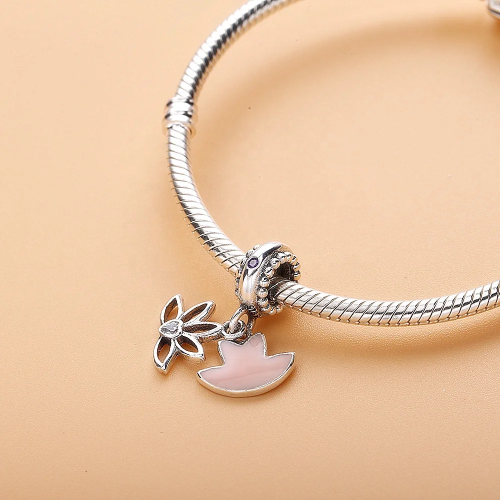 925 Sterling Silver Lucky Pink Lotus Flower Charms Beads For Famous Brand Bracelet Silver Charms flower heart necklace