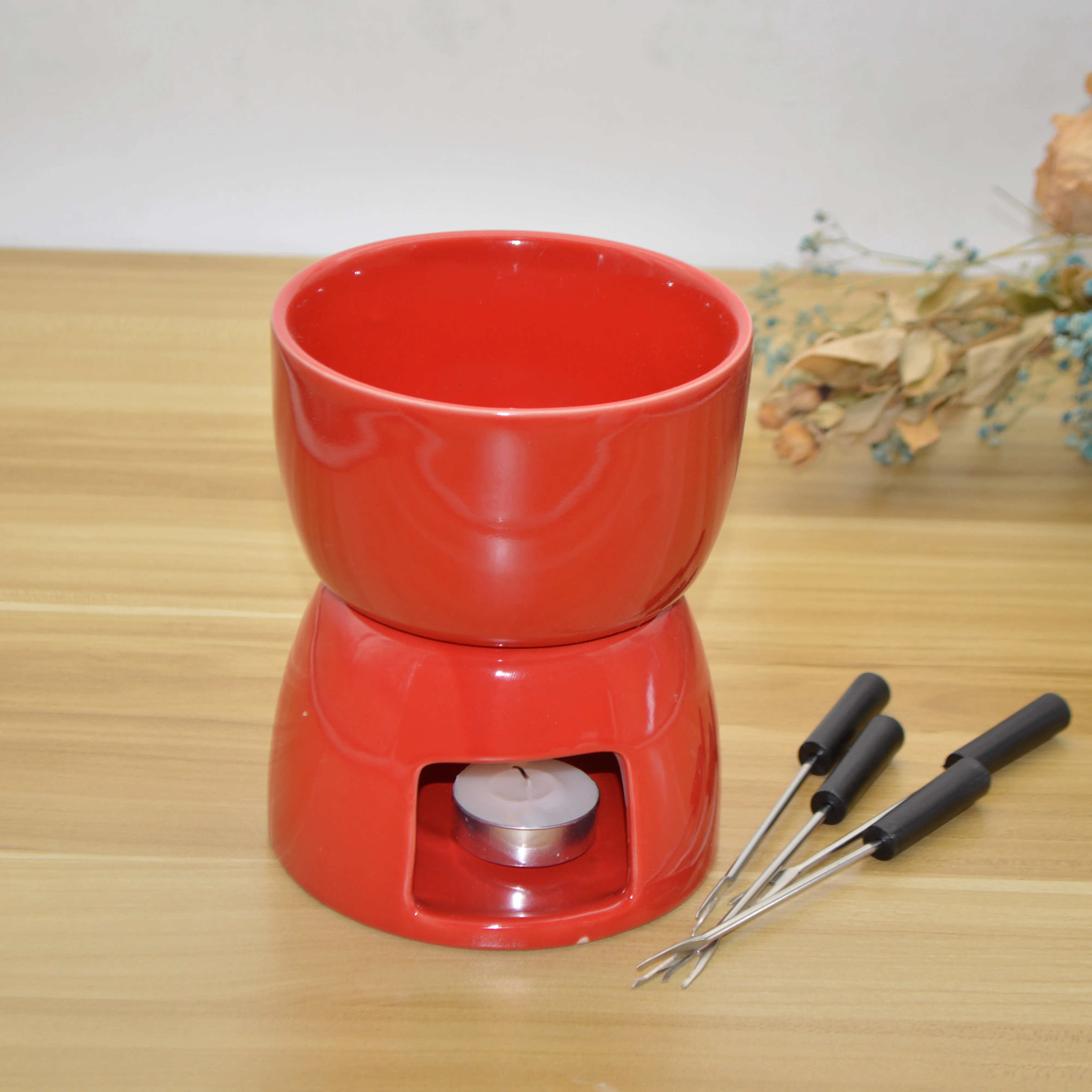 High Quality Red Porcelain Ceramic Fondue Pot Set, ceramic chocolate dipping pot set