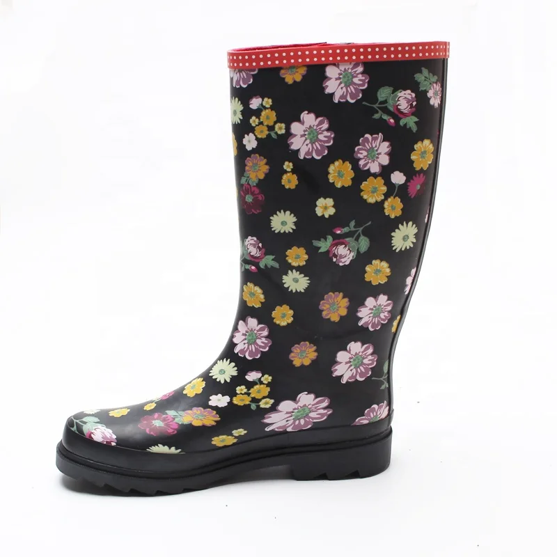 Hot sales fashion cheap high heel black flower print women rubber rain print shiny rain boots