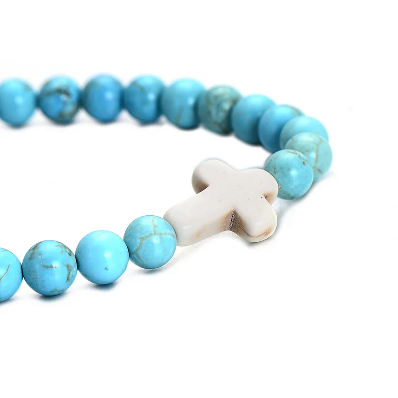 Natural Lava Stone Bead Turquoise Bracelets Beaded Cross Rosary Christian Agate Bracelet