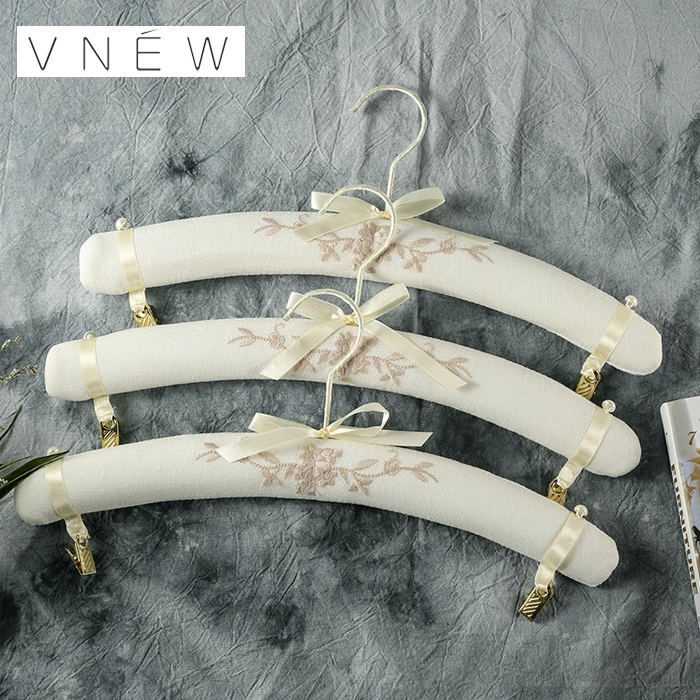 White customized embroidery fabric hanger satin clothes hangers